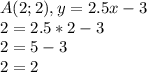 A(2;2), y = 2.5x - 3 \\ 
2 = 2.5 * 2 - 3 \\ 
2 = 5 - 3 \\ 
2 = 2