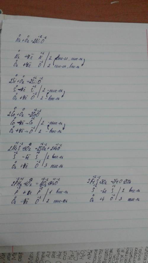 Для овр напишите электронный 1)n2+o2 2)si+o2 3)co+o2 4)h2s+o2 5)ph3+o2 6)fes+o2