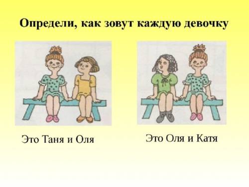 Определи как зовут каждую девочку.это таня и оля.это оля и катя .как записать ответ в тетрадь?