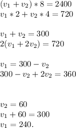 (v_1+v_2)*8=2400\\v_1*2+v_2*4=720\\\\
v_1+v_2=300\\2(v_1+2v_2)=720\\\\v_1=300-v_2\\300-v_2+2v_2=360\\\\\\v_2=60\\v_1+60=300\\v_1=240.