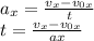 a_x = \frac{v_x - v_{0x}}{t} \\ t = \frac{v_x - v_{0x}}{ax}