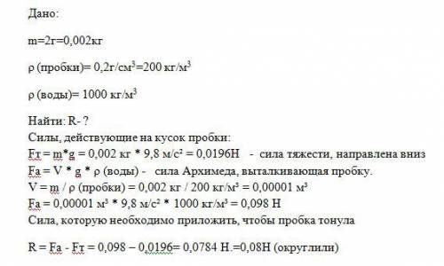 Какая сила потребуется для полного погружения в воду пробки массой 2г? плотность пробки 0,2г/см3.