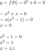 y=f(0)=0^3+0=0\\\\
-x^3+x=0\\
-x(x^2-1)=0\\
x=0\\\\
x^2-1=0\\
x^2=1\\
x=\pm1