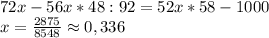 72x-56x*48:92=52x*58-1000\\
x=\frac{2875}{8548}\approx0,336