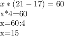x*(21-17)=60

x*4=60

x=60:4

x=15