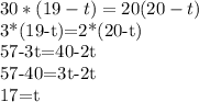 30*(19-t)=20(20-t)

3*(19-t)=2*(20-t)

57-3t=40-2t

57-40=3t-2t

17=t

