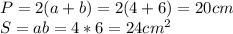 P=2(a+b)=2(4+6)=20 cm\\
S=ab=4*6=24cm^2