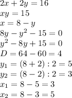 2x+2y=16\\
xy=15\\
x=8-y\\
8y-y^2-15=0\\
y^2-8y+15=0\\
D=64-60=4\\
y_1=(8+2):2=5\\
y_2=(8-2):2=3\\
x_1=8-5=3\\
x_2=8-3=5