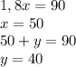 1,8x = 90
\\
x = 50
\\
50 + y = 90
\\
y = 40