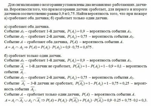 Для сигнализации о возгорании установлены два независимо работающих датчика. вероятности того, что п
