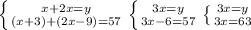 \left \{ {{x+2x=y} \atop {(x+3)+(2x-9)=57}} \right. 
 \left \{ {{3x=y} \atop {3x-6=57}} \right. 
 \left \{ {{3x=y} \atop {3x=63}} \right.