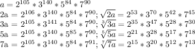 a=2^{105}* 3^{140}* 5^{84}*7^{90}

2a = 2^{106}* 3^{140}* 5^{84}*7^{90}; \sqrt{2a} = 2^{53}* 3^{70}* 5^{42}*7^{45}

3a = 2^{105}* 3^{141}* 5^{84}*7^{90}; \sqrt[3]{3a}=2^{35}* 3^{47}* 5^{28}*7^{30}

5a = 2^{105}* 3^{140}* 5^{85}*7^{90}; \sqrt[5]{5a} = 2^{21}* 3^{28}* 5^{17}*7^{18}

7a = 2^{105}* 3^{140}* 5^{84}*7^{91}; \sqrt[7]{7a} = 2^{15}* 3^{20}* 5^{12}*7^{13}