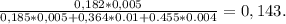 \frac{0,182*0,005}{0,185*0,005+0,364*0.01+0.455*0.004}=0,143.
