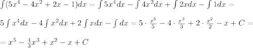 \int(5x^4-4x^2+2x-1)dx=\int5x^4dx-\int4x^2dx+\int2xdx-\int1 dx=\\\\
5\int x^4dx-4\int x^2dx+2\int xdx-\int dx=5\cdot \frac{x^5}{5}-4\cdot \frac{x^3}{3}+2\cdot \frac{x^2}{2}-x+C=\\\\=x^5- \frac{4}{3}x^3+x^2-x+C
