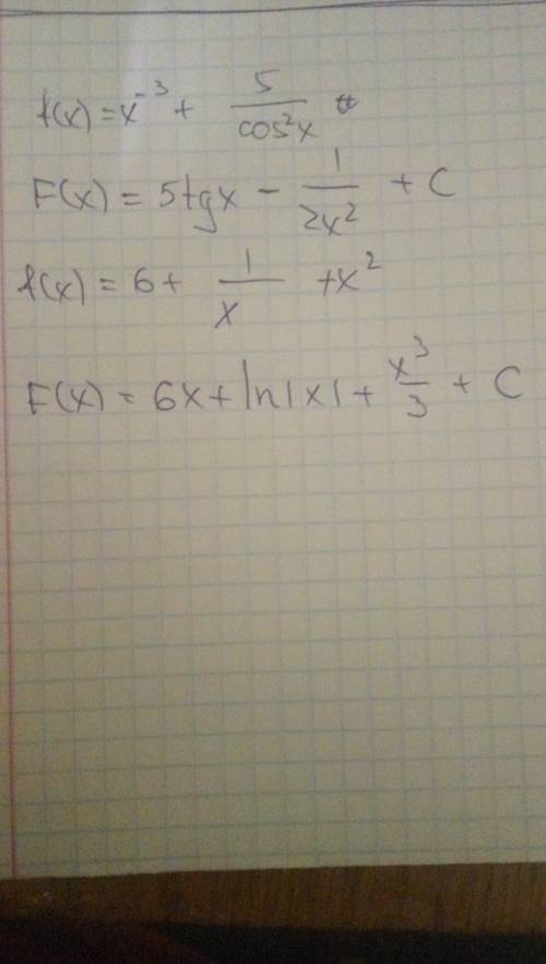 решить две первообразные f(x)= x^{-3} + \frac{5}{cos^{2}x} f(x)=6+ \frac{1}{x} + x^{2}