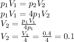 p_{1}V_{1}=p_{2}V_{2} \\ 
 p_{1}V_{1}=4p_{1}V_{2} \\
V_{2}= \frac{p_{1}V_{1}}{4p_{1}} \\
V_{2}= \frac{V_{1}}{4}= \frac{0.4}{4}=0.1