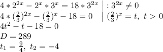 4*2^{2 x} - 2^x*3^{x} = 18*3^{2x}\ \big| : 3^{2x} \neq 0\\ 
4*( \frac{2}{3} )^{2x}-( \frac{2}{3} )^{x}-18=0\ \ \ \big| \ ( \frac{2}{3} )^{x}=t,\ t\ \textgreater \ 0\\
4t^2-t-18=0\\ D=289\\ t_1= \frac{9}{4} ,\ t_2=-4
