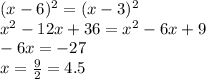 (x-6)^2=(x-3)^2\\
x^2-12x+36=x^2-6x+9\\
-6x=-27\\
x=\frac92=4.5