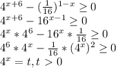 4^{x+6} -( \frac{1}{16} ) ^{1-x} \geq 0

 4^{x+6} -16 ^{x-1} \geq 0

 4^{x}* 4^{6} -16 ^{x}* \frac{1}{16} \geq 0

 4^{6}* 4^{x}- \frac{1}{16}* (4^{x} ) ^{2} \geq 0

 4^{x}=t, t\ \textgreater \ 0