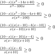 \frac{(10-x)(x^2-14x+40)}{x^3-100x} \geq 0 \\ \\ 
 \frac{(10-x)(x^2-10x-4x+40)}{x(x^2-100)} \geq 0 \\ \\ 
 \frac{(10-x)(x(x-10)-4(x-10))}{x(x-10)(x+10)} \geq 0 \\ \\ 
 \frac{(10-x)(x-10)(x-4)}{x(x-10)(x+10)} \geq 0 \\ \\ 
 \frac{(10-x)(x-4)}{x(x+10)} \geq 0