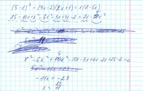 Решите уравнение ( 5 - х)^2 - (3х - 2 ) * ( 2х + 1) = х * ( 2 - 5х)