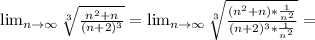 \lim_{n \to \infty} \sqrt[3]{ \frac{n^2+n}{(n+2)^3} } =
 \lim_{n \to \infty} \sqrt[3]{ \frac{(n^2+n)* \frac{1}{n^2} }{(n+2)^3* \frac{1}{n^2} } } =