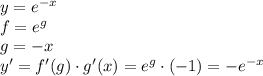 y=e^{-x}\\
f=e^{g}\\
g = -x \\
y'=f'(g)\cdot g'(x) = e^g\cdot(-1)=-e^{-x}