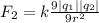 F _{2} = k \frac{9|q _{1}|| q_{2}| }{9r ^{2} }