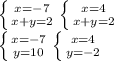 \left \{ {{x=-7} \atop {x+y = 2}} \right. \left \{ {{x=4} \atop {x+y = 2}} \right. \\
 \left \{ {{x=-7} \atop {y = 10}} \right. \left \{ {{x=4} \atop {y=-2}} \right. \\