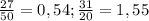 \frac{27}{50} = 0,54; \frac{31}{20} = 1,55




