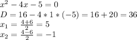 x^2-4x-5=0 \\ D=16-4*1*(-5)=16+20=36 \\ 
x_1= \frac{4+6}{2} =5 \\ 
x_2= \frac{4-6}{2} =-1

