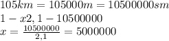 105 km = 105000 m=10500000 sm \\ 
1-x
2,1-10500000 \\
 x=\frac{10500000}{2,1} =5000000