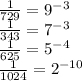 \frac{1}{729} =9^{-3} \\ 
 \frac{1}{343} =7^{-3} \\ 
 \frac{1}{625} =5^{-4} \\ 
 \frac{1}{1024} =2^{-10} \\