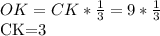 OK=CK* \frac{1}{3} =9* \frac{1}{3} CK=3