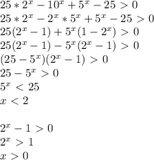 25*2^x -10^x +5^x -25\ \textgreater \ 0 \\ 
25*2^x -2^x*5^x +5^x -25\ \textgreater \ 0 \\ 
25(2^x-1)+5^x(1-2^x)\ \textgreater \ 0 \\ 
25(2^x-1)-5^x(2^x-1)\ \textgreater \ 0 \\ 
(25-5^x)(2^x-1)\ \textgreater \ 0 \\ 25-5^x\ \textgreater \ 0 \\ 5^x\ \textless \ 25 \\ x\ \textless \ 2 \\ \\ 
2^x-1\ \textgreater \ 0 \\ 2^x\ \textgreater \ 1 \\ x\ \textgreater \ 0
