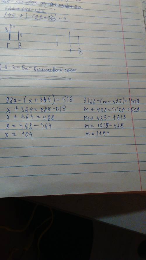 Решите уравнение 1)987-(x+364)=519 2)3128-(m+425)=1509