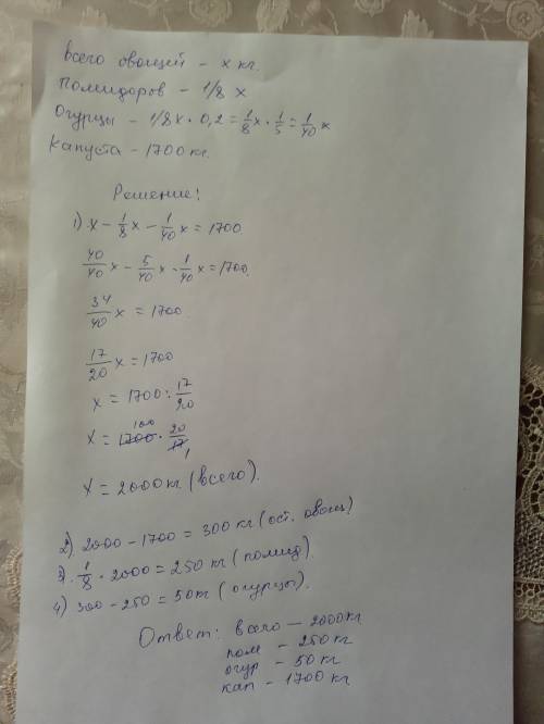 Решить с обьяснением на овощьной базе имеются в продаже помидоры, огурцы, капуста. помидоров было 1/