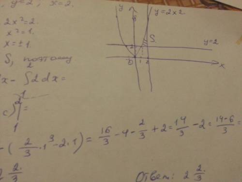 Найти площадь фигуры ограниченной линиями y=2x^2 y =2. x=2