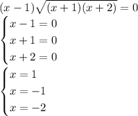 (x-1) \sqrt{(x+1)(x+2)} =0 \\ \begin{cases}x-1=0\\ x+1=0\\ x+2=0\end{cases} \\ \begin{cases}x=1\\ x=-1\\ x=-2\end{cases} 
