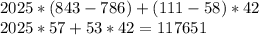 2025*(843-786)+(111-58)*42\\
2025*57 + 53*42 = 117651