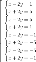 \left[\begin{array}{l} \begin{cases}
x-2y=1 \\ 
x+2y=5 
\end{cases} \\
\begin{cases}
x-2y=5 \\ 
x+2y=1\end{cases}
\\\begin{cases}
x-2y=-1\\ 
x+2y=-5
\end{cases} \\\begin{cases}
x-2y=-5\\ 
x+2y=-1 
\end{cases}
 \end{array}\right.