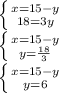 \left \{ {{x=15-y} \atop {18=3y}} \right.\\
\left \{ {{x=15-y} \atop {y=\frac{18}{3}}} \right.\\
\left \{ {{x=15-y} \atop {y=6}} \right.\\
