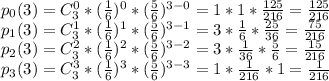 p_0(3)=C_3^0*( \frac{1}{6} )^0*( \frac{5}{6} )^{3-0}=1*1* \frac{125}{216} = \frac{125}{216} 
\\
p_1(3)=C_3^1*( \frac{1}{6} )^1*( \frac{5}{6} )^{3-1}=3* \frac{1}{6} * \frac{25}{36} =\frac{75}{216} 
\\
p_2(3)=C_3^2*( \frac{1}{6} )^2*( \frac{5}{6} )^{3-2}=3* \frac{1}{36} * \frac{5}{6} =\frac{15}{216} 
\\
p_3(3)=C_3^3*( \frac{1}{6} )^3*( \frac{5}{6} )^{3-3}=1* \frac{1}{216} * 1=\frac{1}{216} 
\\
\\
