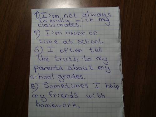 Write true sentences about you with: aiways,usually,often,sometimes,never. 1 im friendly. 4 im on ti