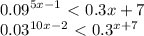 \displaystyle 0.09^{5x-1}\ \textless \ 0.3{x+7}

0.03^{10x-2}\ \textless \ 0.3^{x+7}
