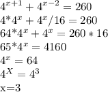 \displaystyle 4^{x+1}+4^{x-2}=260

4*4^x+4^x/16=260

64*4^x+4^x=260*16 

65*4^x=4160 

4^x=64 

4^X=4^3 

x=3
