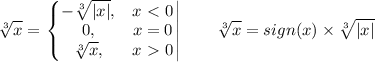 \displaystyle \sqrt [3]x=\left. \left\{\begin{matrix}
-\sqrt[3]{|x|}, &x\ \textless \ 0\\ 0, & x=0 \\ \sqrt [3]x, &x\ \textgreater \ 0 \end{matrix}\right.
\right| \qquad \sqrt [3]x=sign(x)\times\sqrt[3]{|x|}