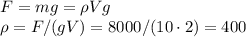 F = mg = \rho V g\\
\rho = F/(gV) = 8000/(10\cdot 2) = 400