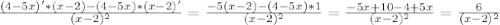 \frac{(4-5x)'*(x-2)-(4-5x)*(x-2)'}{(x-2)^{2} }= \frac{-5(x-2)-(4-5x)*1}{(x-2)^{2}} = \frac{-5x+10-4+5x}{(x-2)^{2}}= \frac{6}{(x-2)^{2}} 
