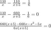 \frac{110}{x}- \frac{110}{x+5} = \frac{1}{6} \\ \\ 
\frac{110}{x}- \frac{660}{x+5} - \frac{1}{6}=0 \\ \\ 
\frac{660(x+5)-660x-x^2-5x}{6x(x+5)}=0 \\ \\ 
